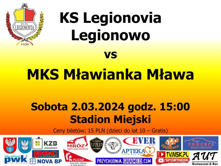 Plakat informujący o meczu piłki nożnej KS Legionovia Legionowo - MKS Mławianka Mława