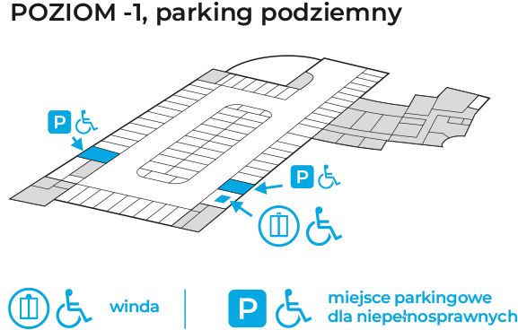 Rzut garażu podziemnego ratusza. Kolorem niebieskim oznaczono windy oraz dwa miejsca parkingowe dla niepełnosprawnych.