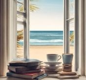 Biurko przed oknem z widokiem na morze, na biurku książki, filiżanka